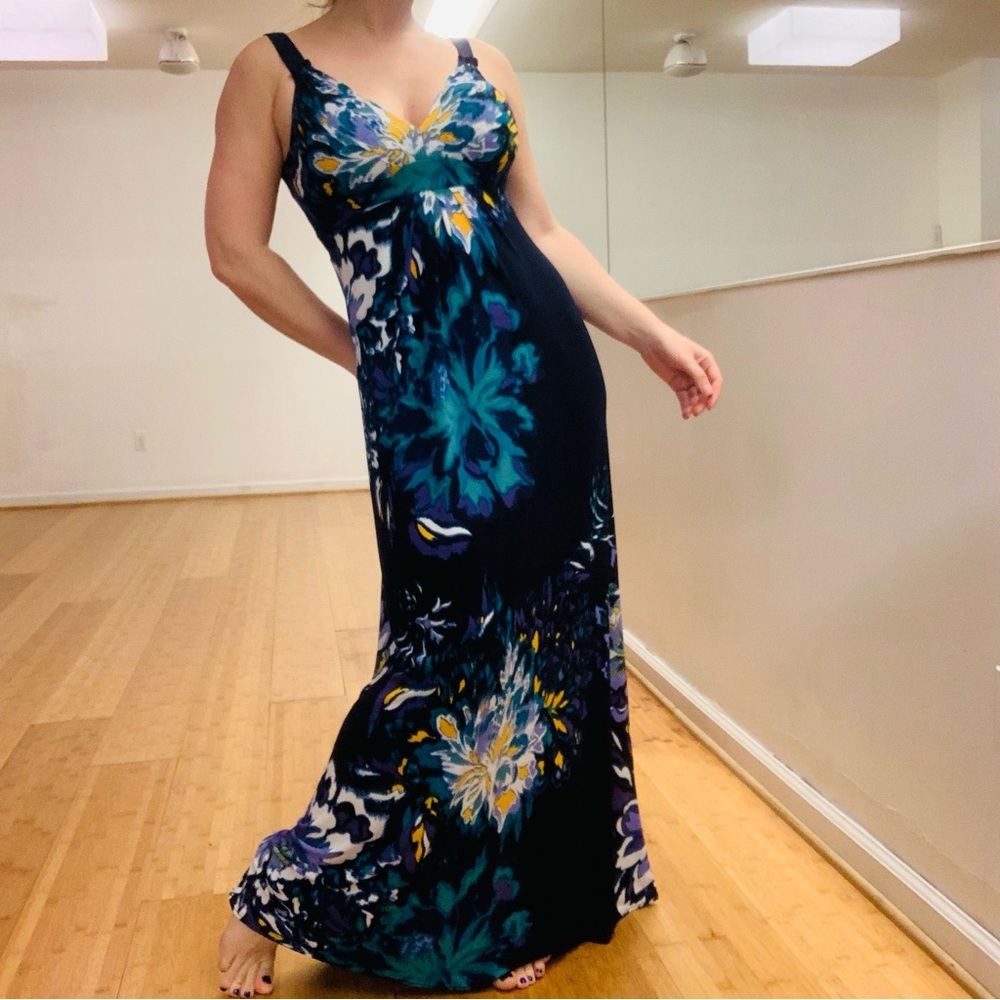Tahari Full Color Blue Teal Stretch Tall Maxi Dress S-M